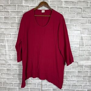 Et Lois Dark Red Textured Cotton Ripple 3/4 Sleeve Scoop Neck Hi Low Top LARGE